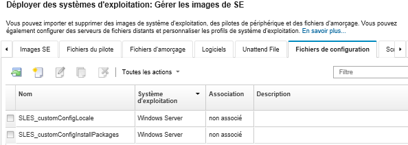 Illustre la page Gérer les images de SE avec la liste des fichiers de paramètres de configuration qui ont été importés sur le référentiel d'images SE.
