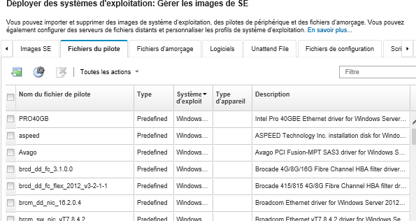 Illustre la page Gérer les images de SE avec la liste des pilotes de dispositif qui ont été importés sur le référentiel d'images SE.