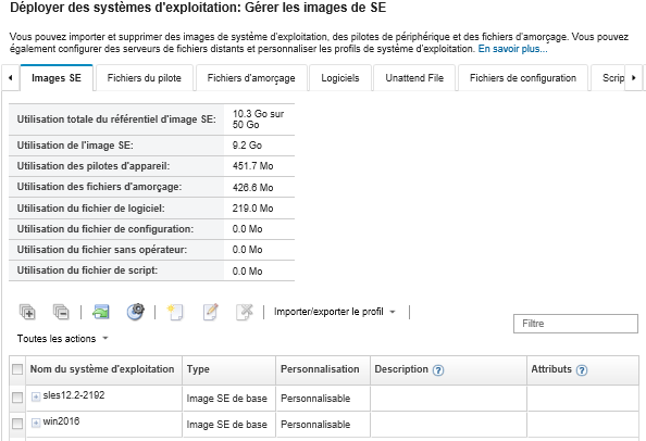 Illustre la page Gérer les images SE avec une liste d'images de système d'exploitation qui ont été importées sur le référentiel d'images SE.