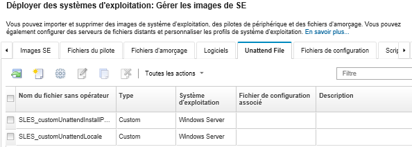 Illustre la page Gérer les images de SE avec la liste des fichiers sans opérateur qui ont été importés sur le référentiel d'images SE.