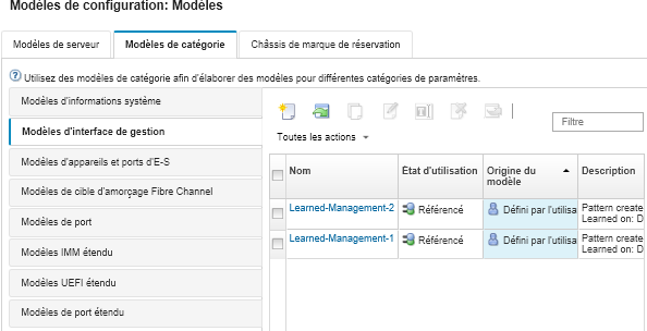 Illustre la liste des modèles d'interface de gestion personnalisés sur la page Modèles de configuration : modèles de catégorie.