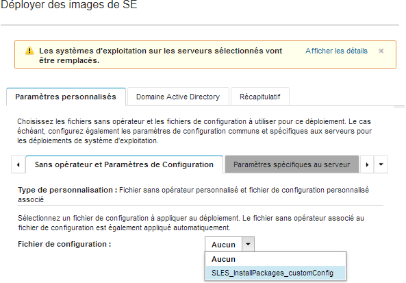 Illustre la boîte de dialogue Déployer des images SE pour la sélection du fichier de configuration personnalisé.