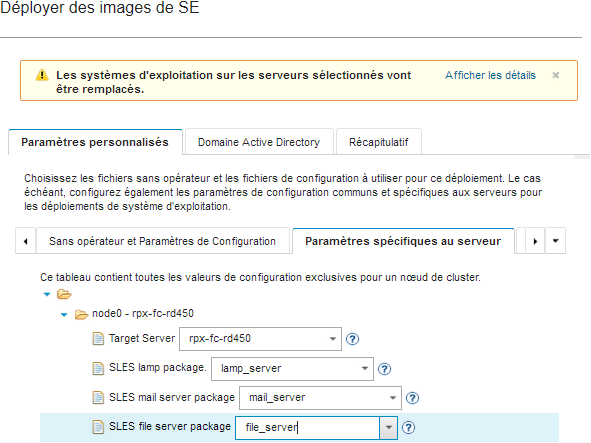 Illustre la boîte de dialogue Déployer des images SE pour la sélection des paramètres spécifiques au serveur.