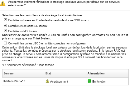 Capture d'écran représentant la boîte de dialogue demandant des informations supplémentaires sur la réinitialisation du stockage local aux valeurs par défaut.