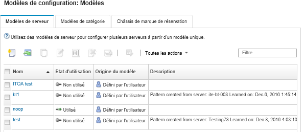 Illustre la liste des modèles de serveur personnalisés sur la page Modèles de configuration : modèles.