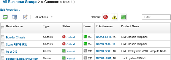 Illustrates an graphical view of a filled rack in the Rack View page.