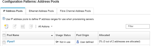 Illustrates the list of custom IP address pools on the Configuration Patterns: Address Pools page.