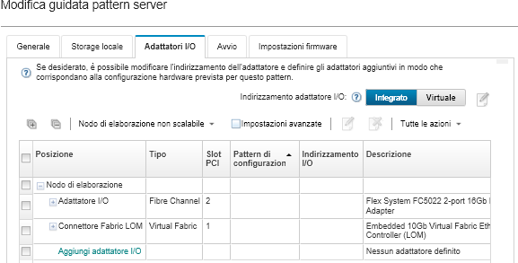 Cattura della schermata che mostra la pagina Adattatori I/O con gli adattatori Ethernet e Fibre Channel specificati.