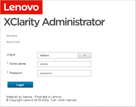 Mostra la pagina di login iniziale di Lenovo XClarity Administrator.