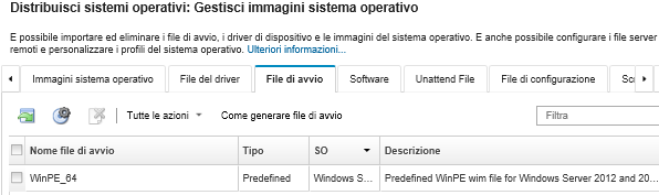 Mostra la pagina "Gestisci immagini sistema operativo" con un elenco di file di avvio di WinPE importati nel repository delle immagini del sistema operativo.