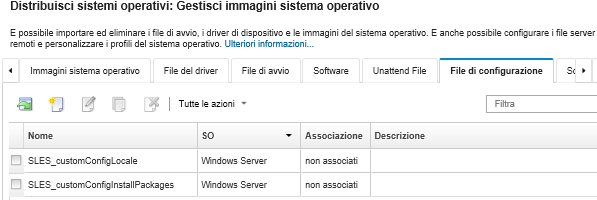 Mostra la pagina "Gestisci immagini sistema operativo" con un elenco di file delle impostazioni di configurazione importati nel repository delle immagini del sistema operativo.