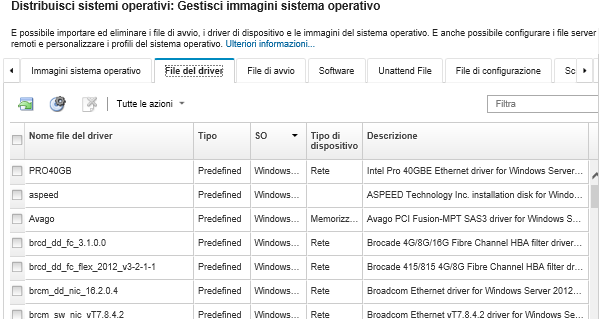 Mostra la pagina "Gestisci immagini sistema operativo" con un elenco di driver di dispositivo importati nel repository delle immagini del sistema operativo.