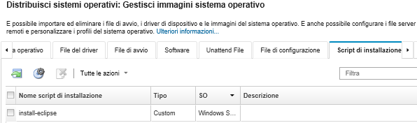 Mostra la pagina Gestisci immagini sistema operativo con un elenco degli script di installazione importati nel repository delle immagini del sistema operativo.