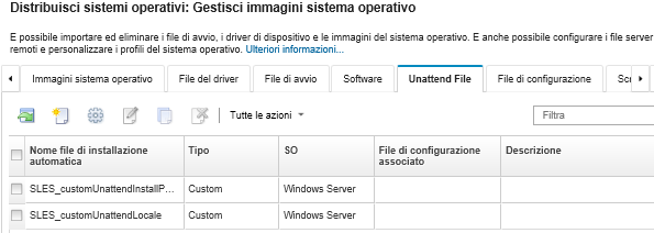 Mostra la pagina "Gestisci immagini sistema operativo" con un elenco di file di installazione automatica importati nel repository delle immagini del sistema operativo.