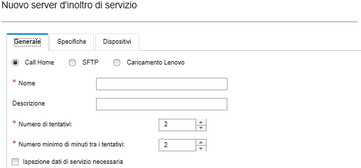 Mostra le informazioni di configurazione generali per la creazione di un nuovo server d'inoltro di servizio nella pagina Nuovo server d'inoltro di servizio.