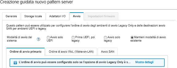 Cattura della schermata che mostra le opzioni di avvio SAN in Creazione guidata nuovi pattern server.