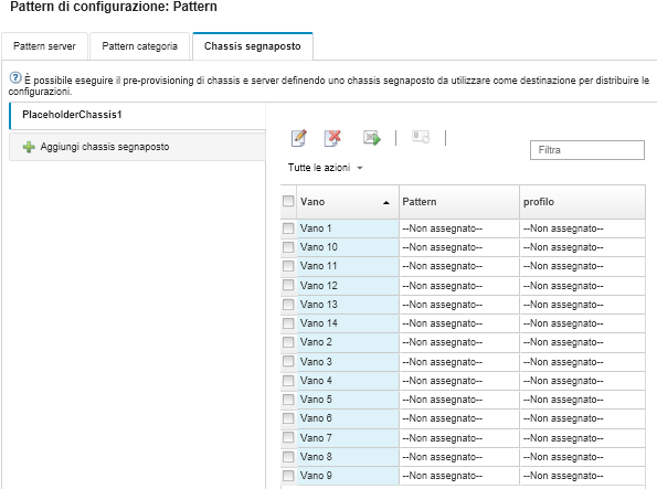Mostra l'elenco dei vani in uno chassis segnaposto nella pagina Pattern di configurazione: chassis segnaposto.