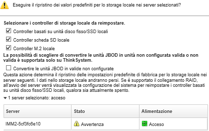 Cattura della schermata che mostra la finestra di dialogo con richiesta di ulteriori informazioni sulla reimpostazione dello storage locale ai valori predefiniti.