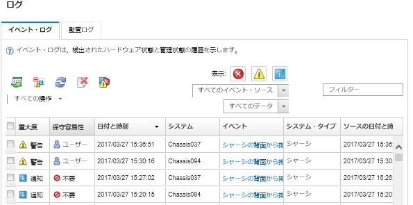 「イベント・ログ」ページに表示された現在のシステム・イベントのリスト