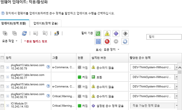 관리 장치의 목록이 포함된 펌웨어 업데이트: 적용/활성화 페이지를 보여주고 각 관리 장치 및 장치에 할당된 준수 정책 및 정책 준수를 식별합니다.