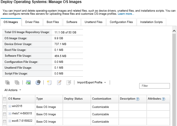 Illustrates the Manage OS Images page with a list of operating-system images that have been imported to the OS images repository.