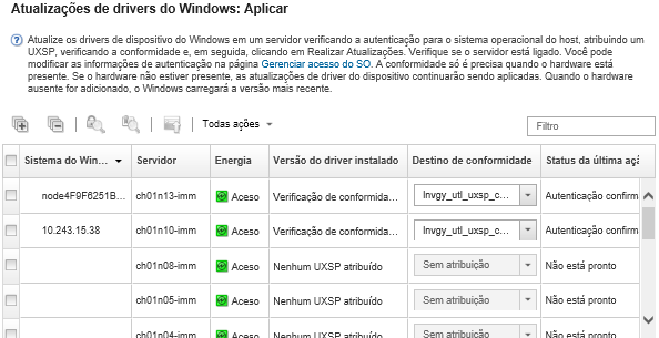 Ilustra a lista de servidores de destino na página Atualizações de drivers do Windows: Aplicar atualizações.