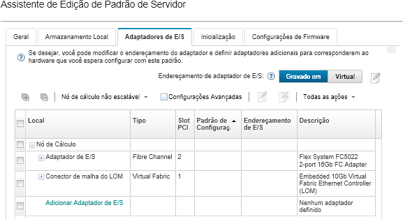 Captura de tela que mostra a página de adaptadores de E/S com os adaptadores Ethernet e Fibre Channel especificados.