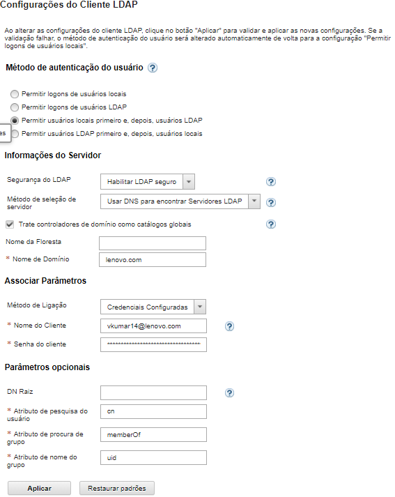 Ilustra a página Configurações do Cliente LDAP.