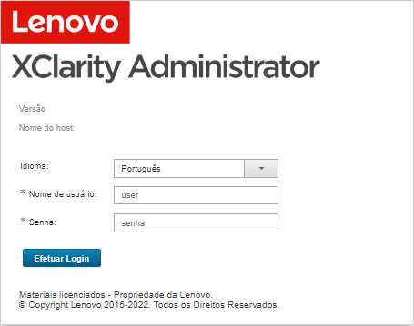 Ilustra a página de login inicial para Lenovo XClarity Administrator.