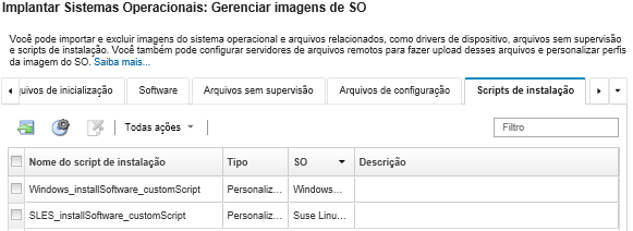 Ilustra a página Gerenciar Imagens do SO com uma lista de scripts de instalação que foram importados para o repositório de imagens do SO.
