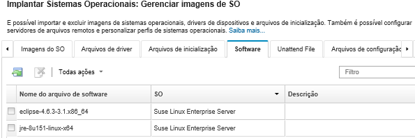 Ilustra a página Gerenciar imagens do SO com uma lista de pacotes de software que foram importados para o repositório de imagens do SO.