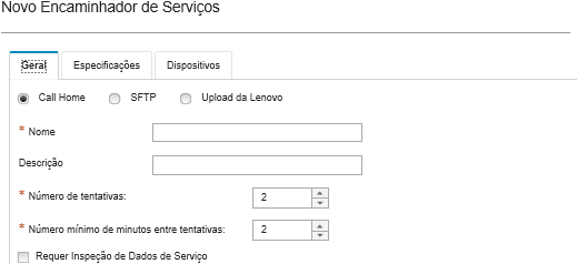 Ilustra as informações gerais de configuração para criar um novo encaminhador de serviços na página Novo Encaminhador de Serviços.