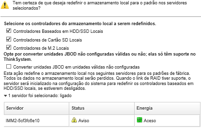 Captura de tela que mostra a caixa de diálogo solicitando informações adicionais sobre como reconfigurar o armazenamento local para padrões.
