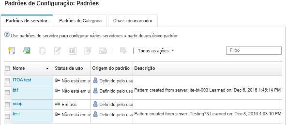 Ilustra a lista de padrões de servidor personalizados na página Padrões de Configuração: Padrões.