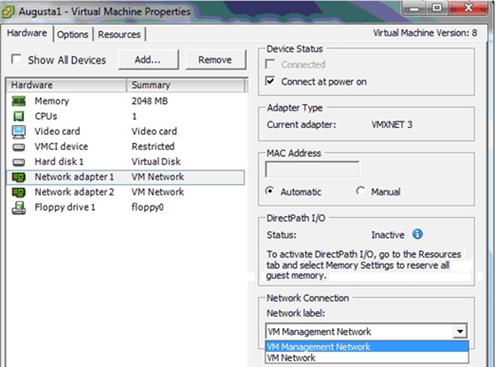 Captura de tela que mostra a associação com o adaptador de rede 1 e o rótulo de rede definido anteriormente.