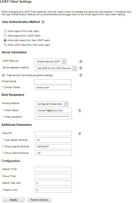 Страница «Параметры клиента LDAP».