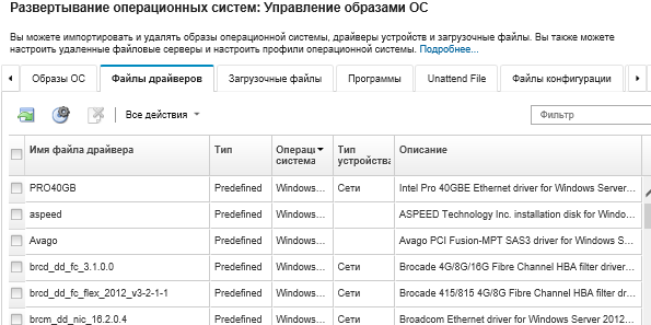 Страница «Управление образами ОС» со списком драйверов устройств, которые были импортированы в репозиторий образов ОС.