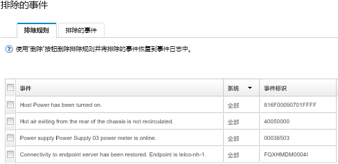 显示“排除的事件”对话框，其中列出已排除的事件。