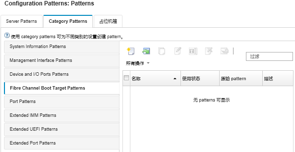 显示“Configuration Patterns：Category Patterns”页面上定制 Fibre Channel Boot Target Patterns 的列表。