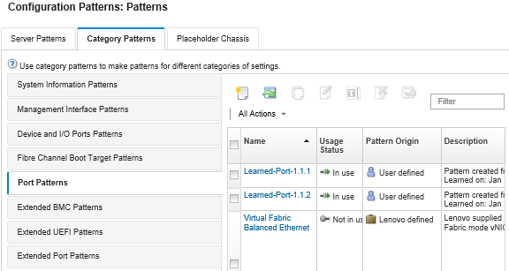 显示“Configuration Patterns：Category Patterns”页面上定制 Ports Patterns 的列表。