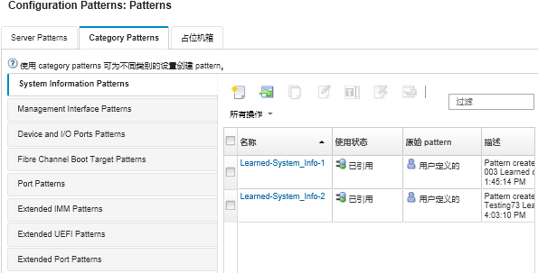 显示“Configuration Pattern: Category Patterns”页面上定制 System Information Patterns 的列表。