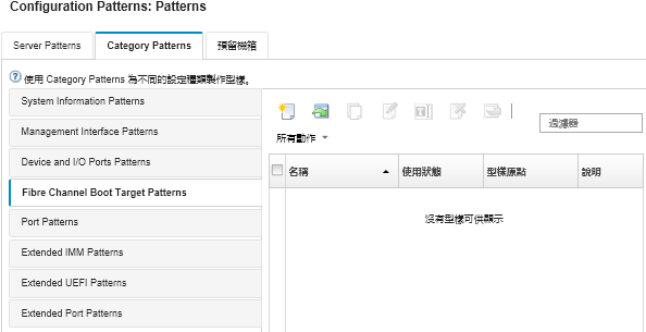 顯示「Configuration Patterns：Category Patterns」頁面上的自訂 Fibre Channel Boot Target Patterns 清單。