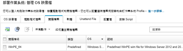 顯示「管理 OS 映像檔」頁面，列出已匯入作業系統映像檔儲存庫的 WinPE 開機檔案清單。