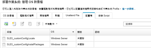 顯示「管理 OS 映像檔」頁面，列出已匯入作業系統映像檔儲存庫的配置設定檔案清單。