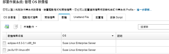 顯示「管理 OS 映像檔」頁面，列出已匯入作業系統映像檔儲存庫的套裝軟體清單。