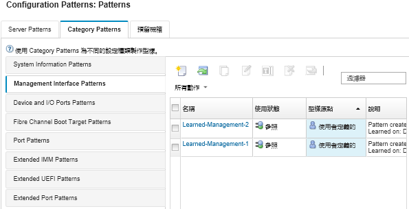 顯示「Configuration Patterns：Category Patterns」頁面上的自訂 Management Interface Patterns 清單。