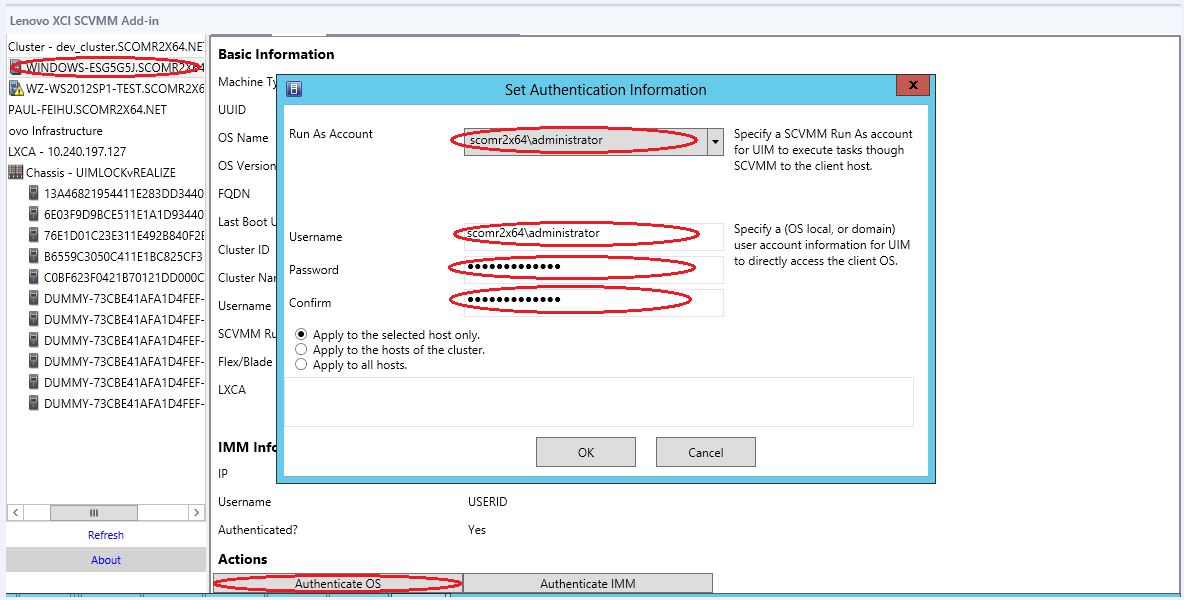 Interface utilisateur de définition de l'authentification d'un hôte