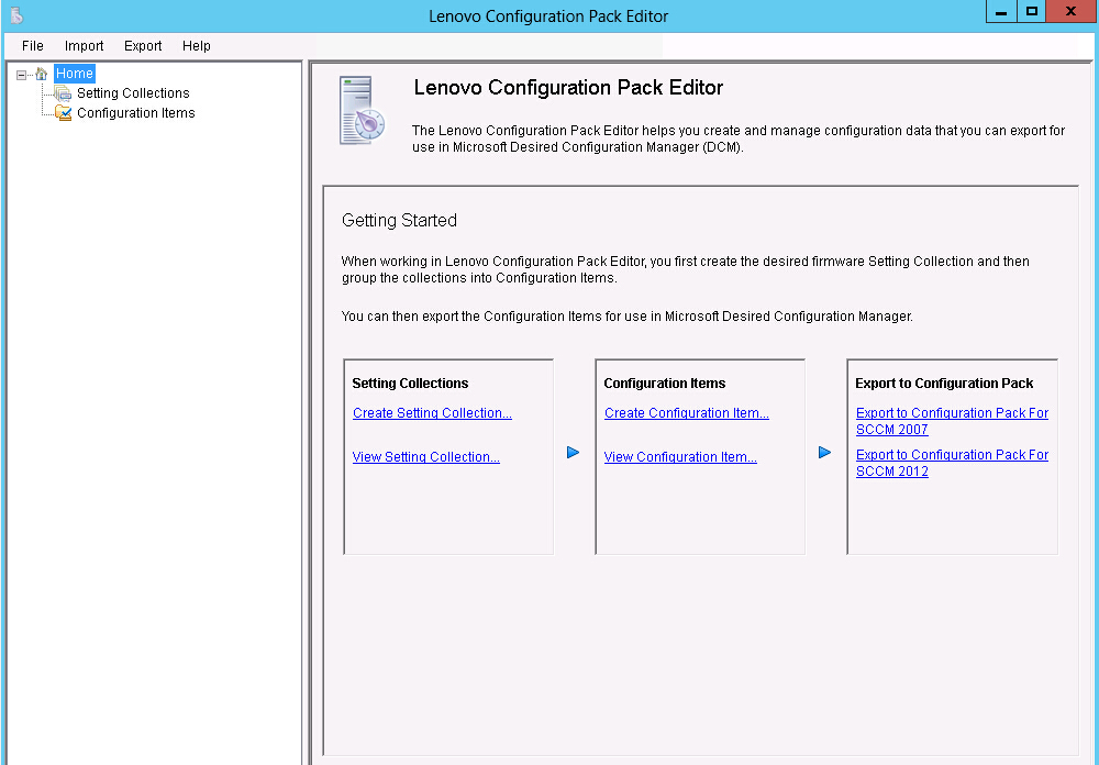 Lenovo Configuration Pack Editor home page