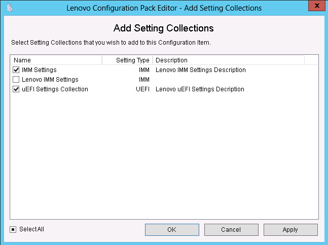 Add Setting Collections selection page