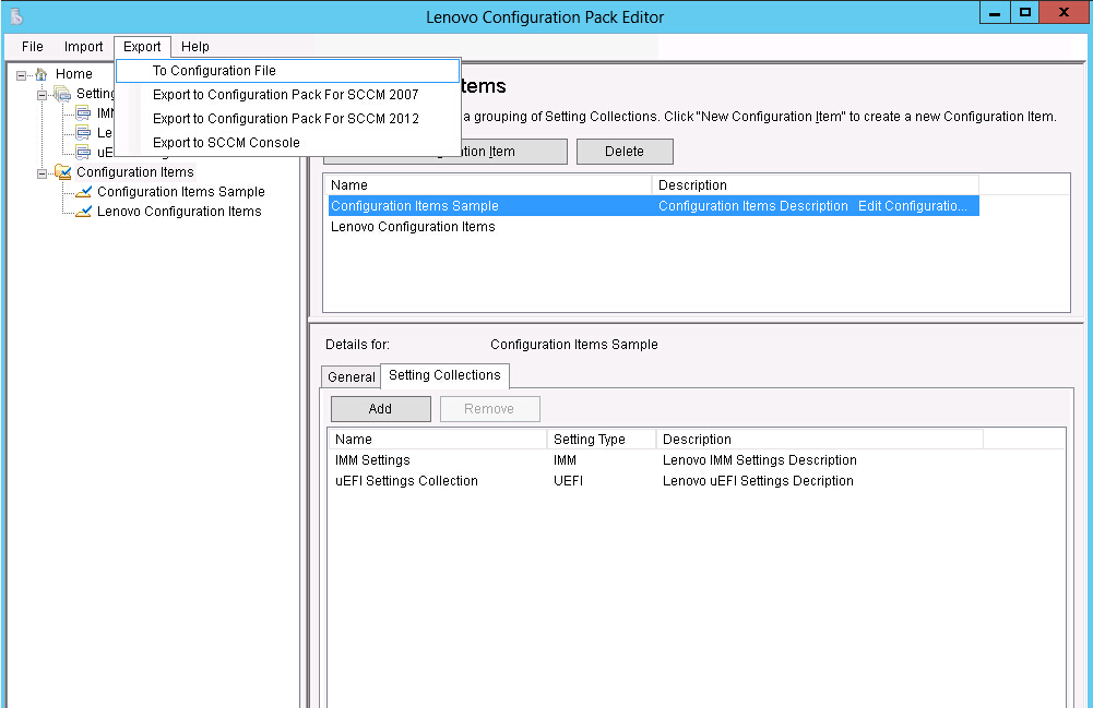 Exporting to configuration file